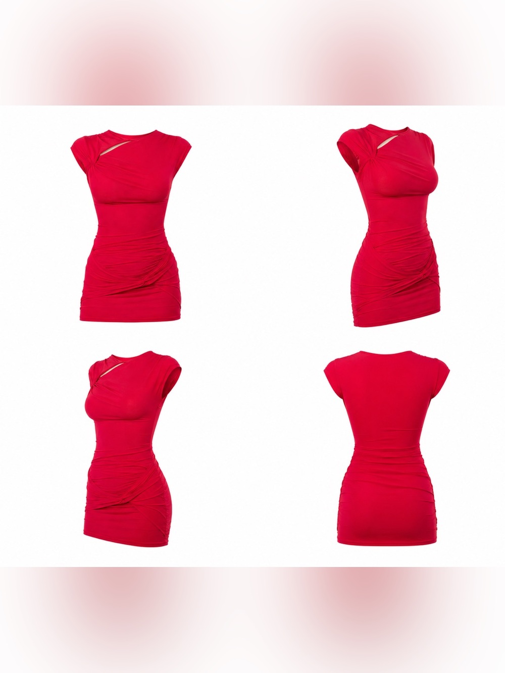 Red Ruched Cap-Sleeve Bodycon Dress - Picture 2 of 2